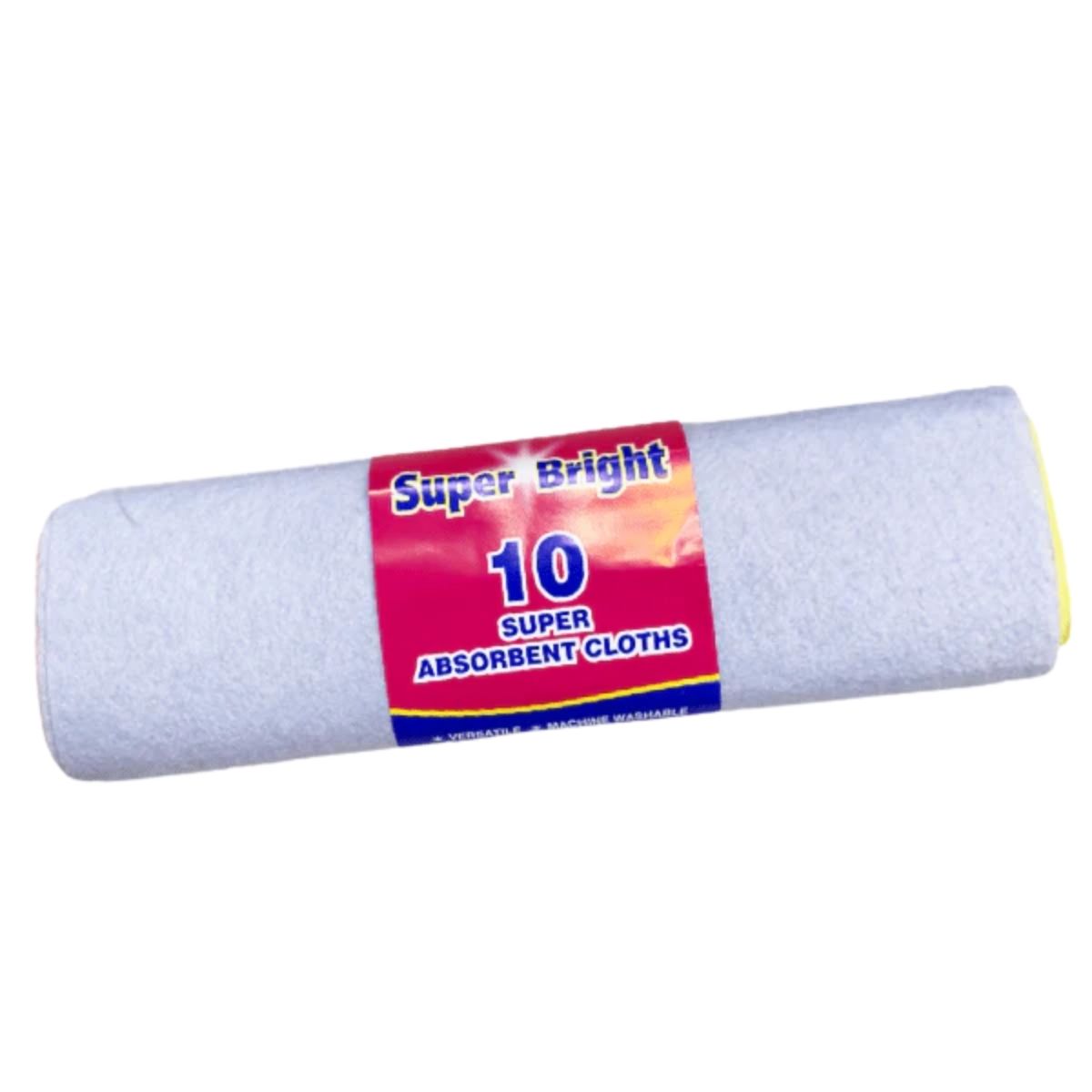 A 10-pack of Super Bright super absorbent, machine washable cleaning cloths with a red and blue label around the white cloths.