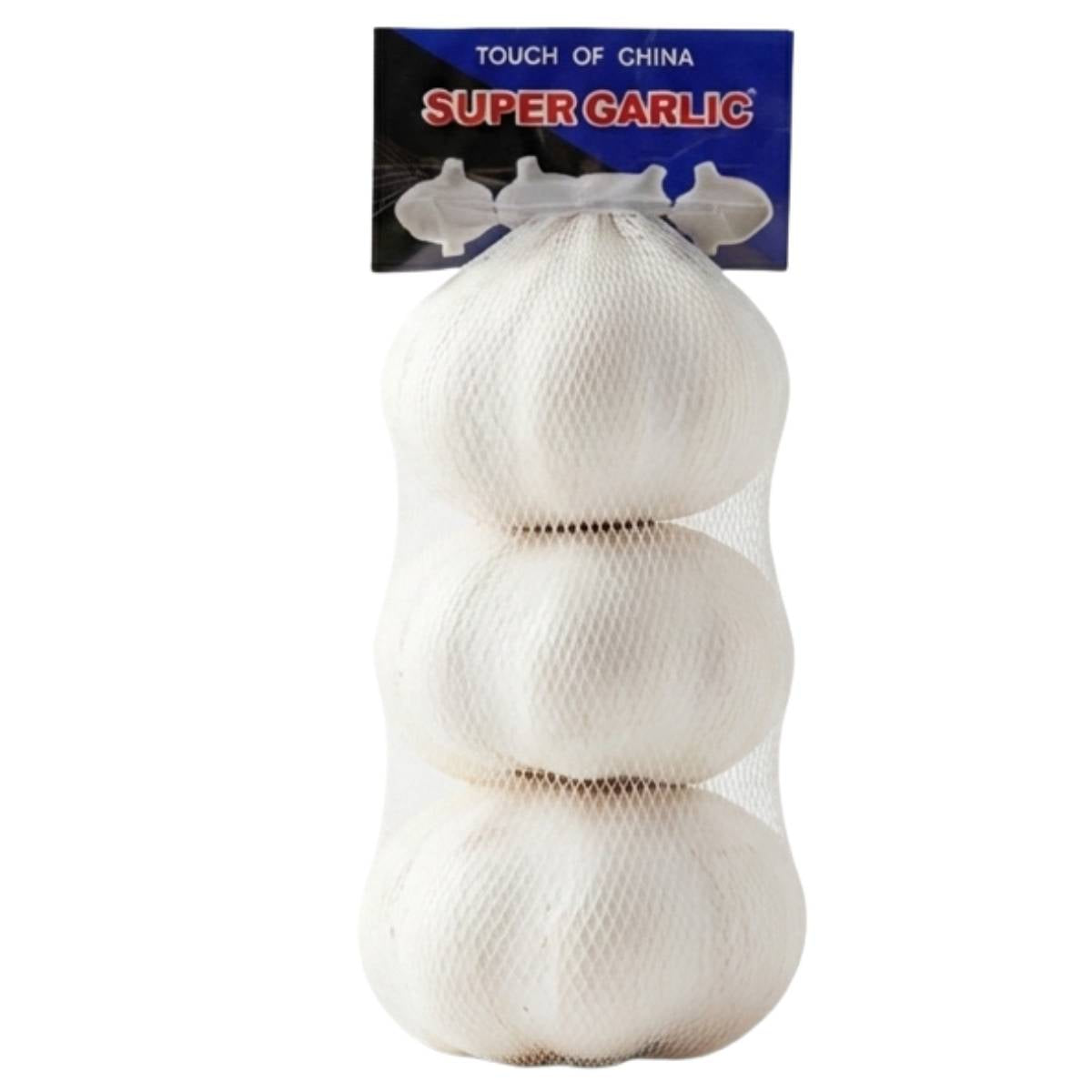 A netted pack of premium garlic bulbs labeled "Super Garlic - 200g" from Continental Food Store, with "Touch of China" on the tag.