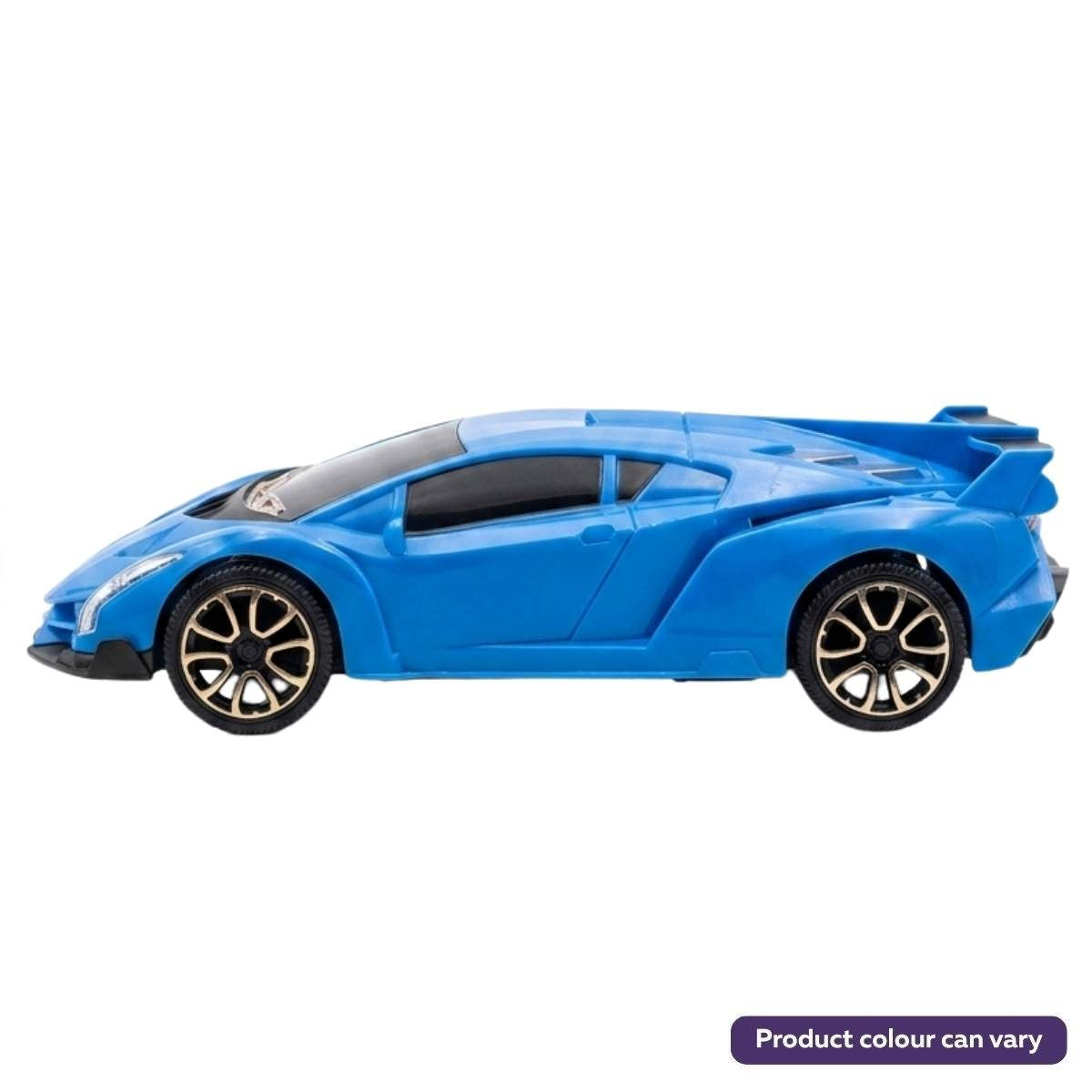 The Super Racing Fast Car - 1Pcs by Continental Food Store is a blue toy sports car with black-tinted windows and gold-accented wheels, shown in side profile on a white background.