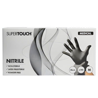 Super touch Super Touch - Black Medium Nitrile Gloves, box of 100, medical grade, non-sterile, latex-free, and powder-free.