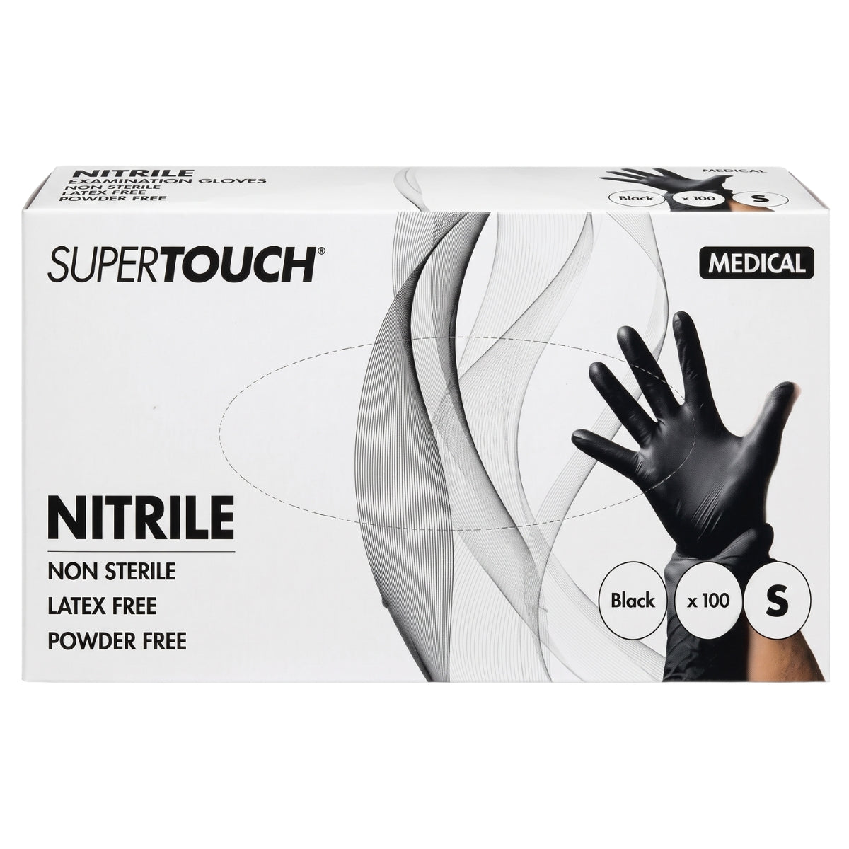 A box of SuperTouch Medical Nitrile Gloves, size S, black, non-sterile, latex-free, and powder-free, shown on a plain white background.