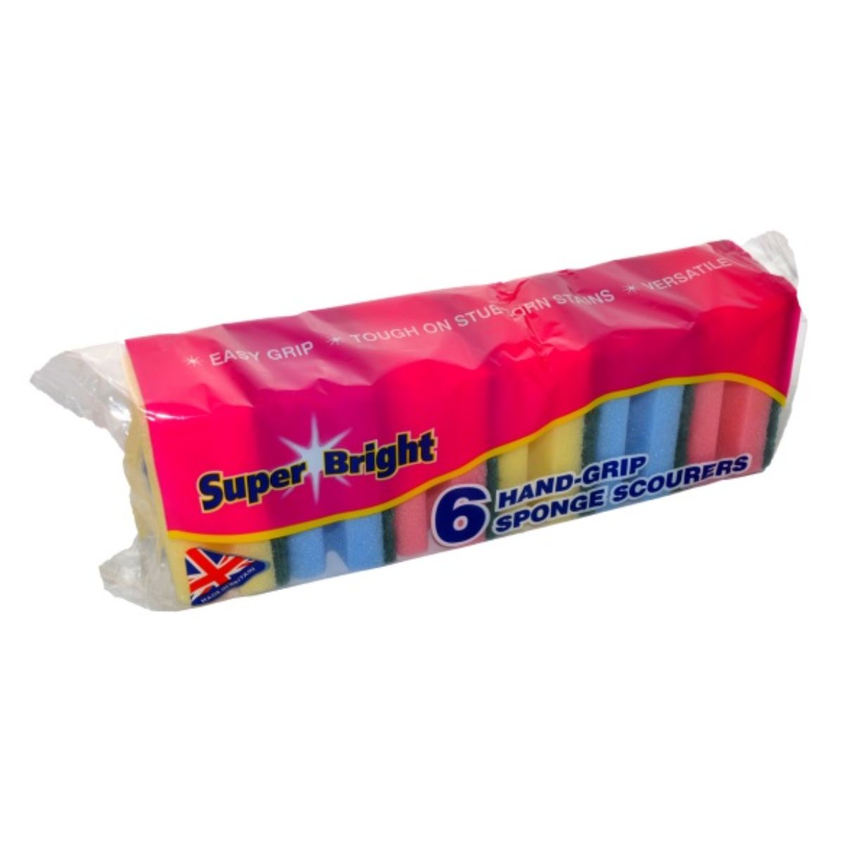 A pack of six Superbright Hand Grip Sponge Scourers in assorted colors delivers superior cleaning and scrubbing power, presented in clear and red packaging.