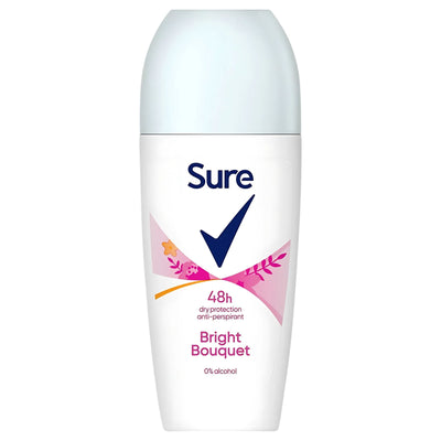 A 50ml Sure Bright Bouquet Anti-Perspirant Roll-On bottle with a white body, blue cap, and pink floral label offers effective sweat protection.