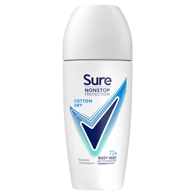 White Sure Cotton Dry Anti-Perspirant Roll-On 50ml bottle featuring a blue checkmark, a floral fragrance, and text reading “72h” and “Body Heat Activated.”