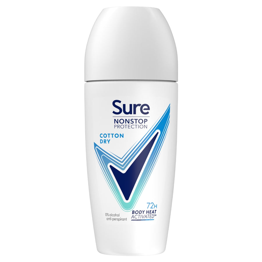 White Sure Cotton Dry Anti-Perspirant Roll-On 50ml bottle featuring a blue checkmark, a floral fragrance, and text reading “72h” and “Body Heat Activated.”
