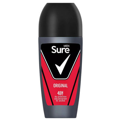 Sure Men Original Anti-Perspirant Roll On, 50ml by Sure, features a black cap and red label, offering 48-hour sweat protection with a fast-drying formula.