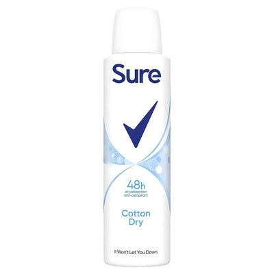 A 150ml white aerosol can of Sure Women Cotton Dry Anti-perspirant Deodorant, featuring a blue check mark and offering 48-hour protection and lasting freshness.