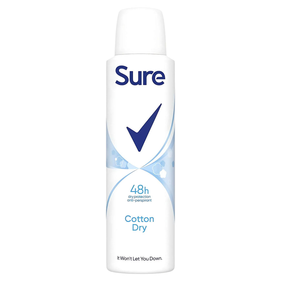 A 150ml white aerosol can of Sure Women Cotton Dry Anti-perspirant Deodorant, featuring a blue check mark and offering 48-hour protection and lasting freshness.