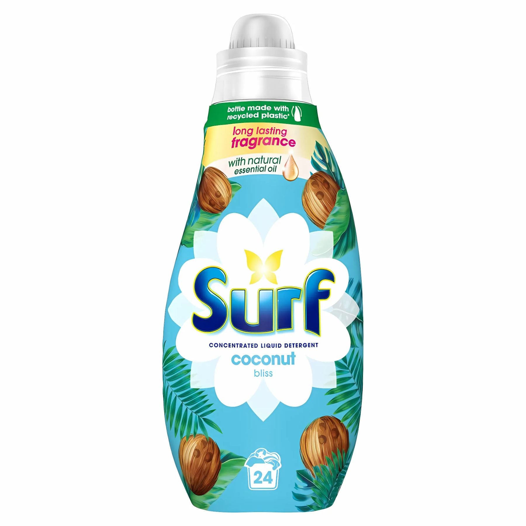 Surf - Concentrated Liquid Detergent Coconut Bliss, 648ml, offers powerful stain removal and 24 washes. The bottle features coconuts and leaves on a blue background.