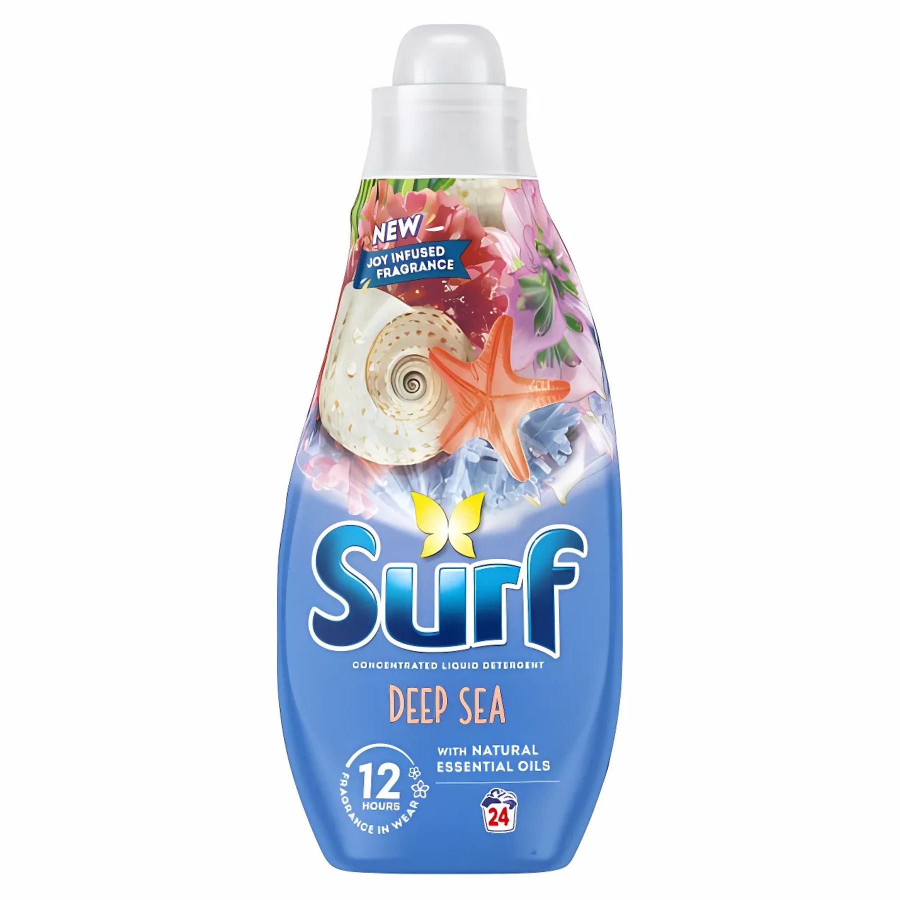 Surf - Concentrated Liquid Laundry Detergent Deep Sea 24 Washes (648ml) has a label with starfish, shells, and flowers, touting 12-hour fragrance, natural essential oils, and powerful stain removal.