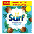 Surf - Laundry Powder Coconut 10 Washes, 500g: features a tropical coconut scent with coconut images and green leaves, and highlights long-lasting fragrance, powerful stain removal, and a concentrated formula.