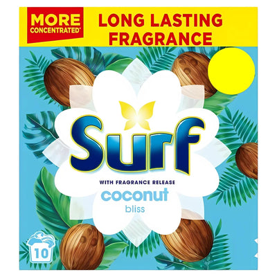 Surf - Laundry Powder Coconut 10 Washes, 500g: features a tropical coconut scent with coconut images and green leaves, and highlights long-lasting fragrance, powerful stain removal, and a concentrated formula.