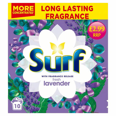 Surf - Laundry Powder Lavender 10 Washes (500g): features floral graphics, £2.99 RRP label, and "More Concentrated" note—ideal for effective stain removal.