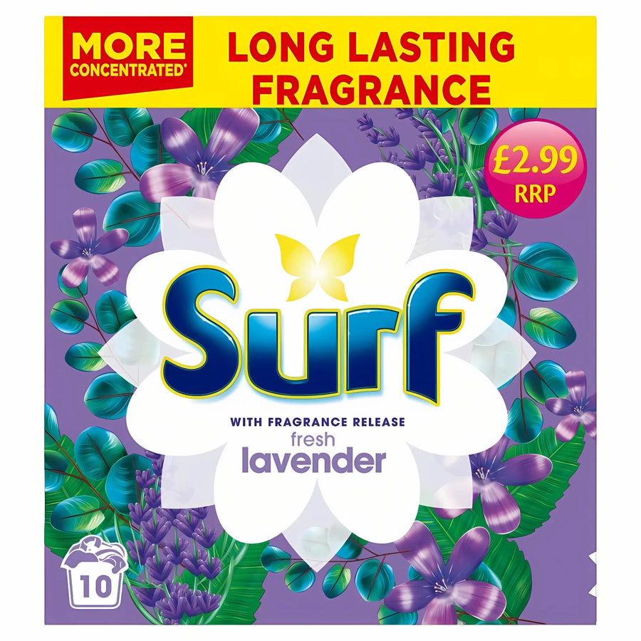 Surf - Laundry Powder Lavender 10 Washes (500g): features floral graphics, £2.99 RRP label, and "More Concentrated" note—ideal for effective stain removal.