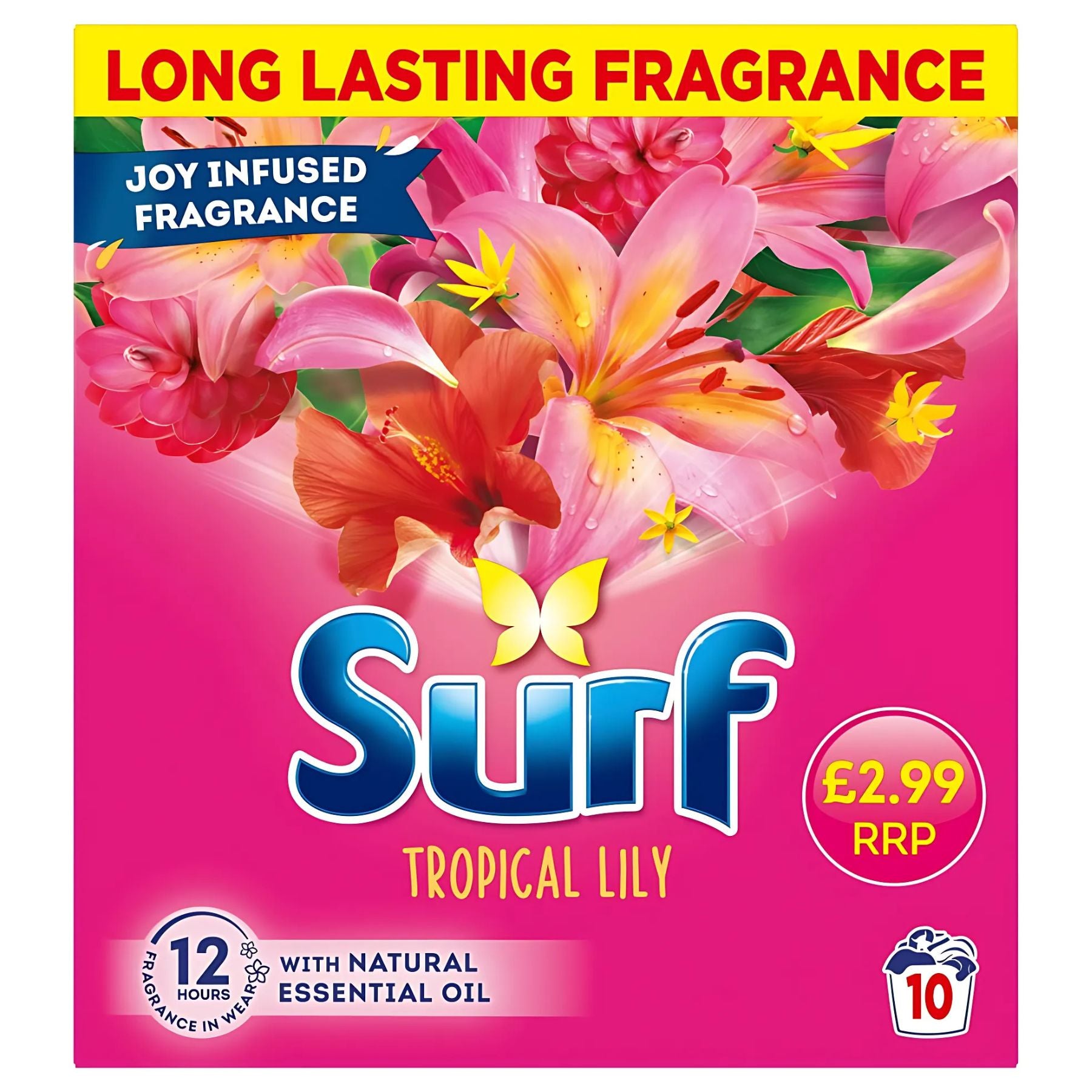 Surf - Laundry Powder Tropical 10 Washes (500g) features floral graphics, offers tropical fragrance and powerful stain removal, and is priced at £2.99.
