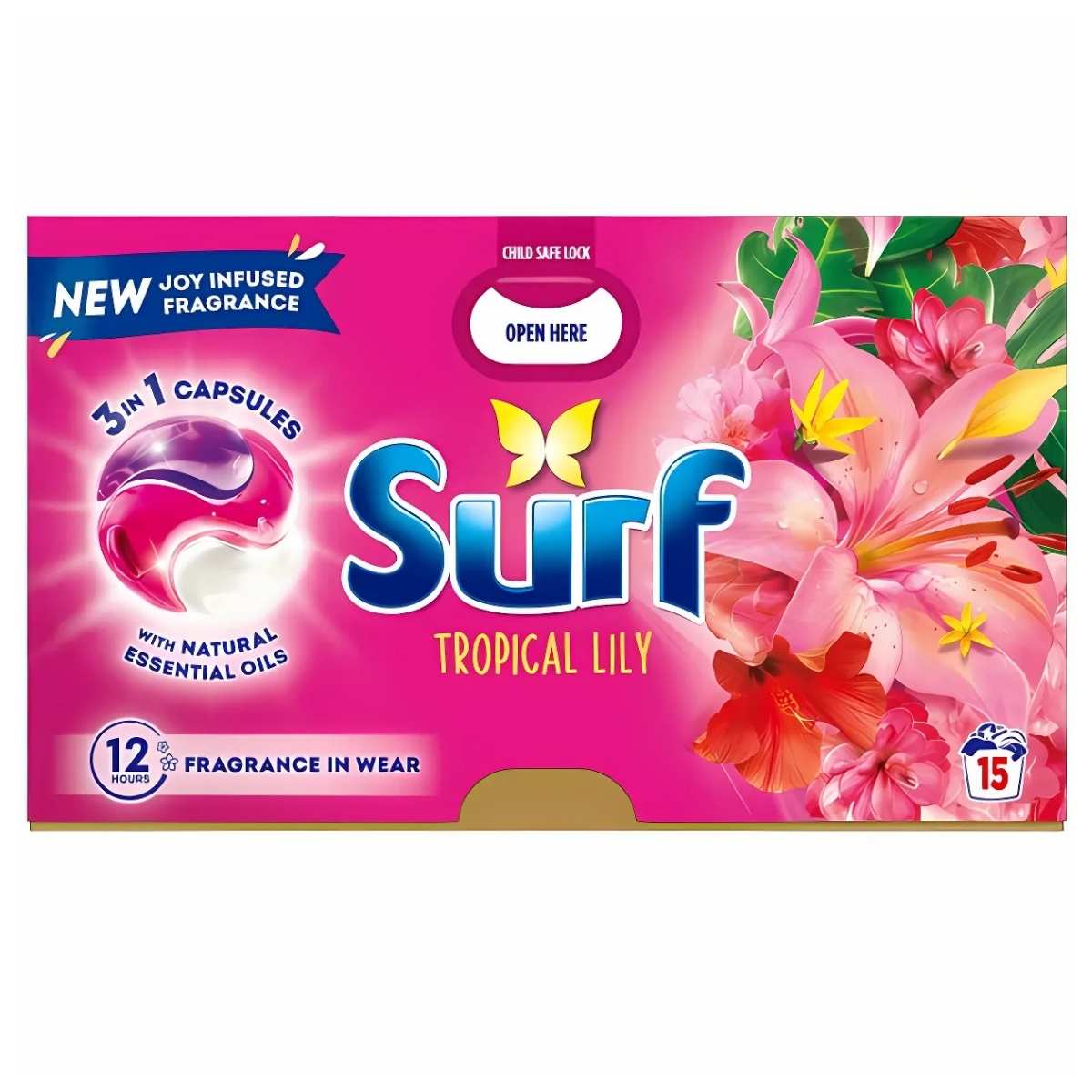 The Surf - Tropical Lily 3 In 1 Laundry Detergent Capsules box features vibrant flowers and eye-catching branding, offering 15 washes.