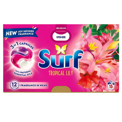 Surf - Tropical Lily 3 In 1 Laundry Detergent Capsules (15 washes, 295.5g) feature pink flowers, butterflies, natural essential oils, and "12h fragrance," keeping your laundry fresh and beautifully scented.
