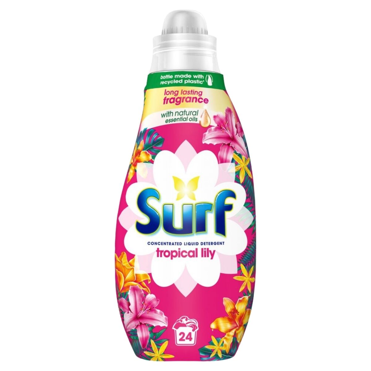 Surf Tropical Lily Liquid Detergent, 648ml, provides 24 washes with a floral design. Made with recycled plastic and natural essential oils, it offers a long-lasting tropical scent while tackling tough stains.