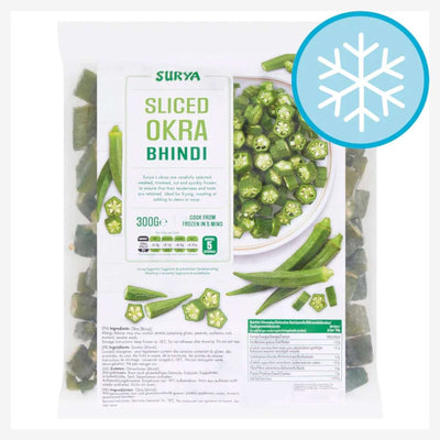 The 300g Surya Sliced Okra package, featuring a frozen badge and transparent plastic, reveals visible okra slices. It includes cooking instructions, nutritional info, and an ingredient list for convenience.