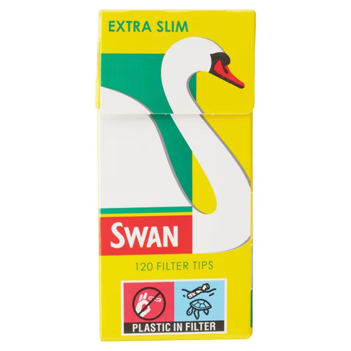 A yellow Swan - Extra Slim Filter Tips - 120 Pack, featuring the Swan logo, a "Plastic in Filter" label, and a crossed-out insect icon.