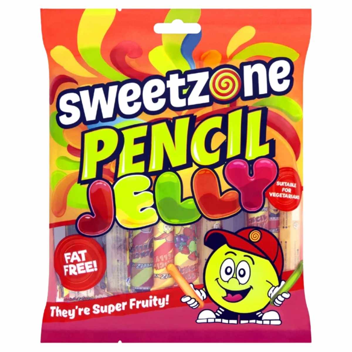 Colorful packaging of sweetzone Pencil Jelly with a cartoon character on a white background
