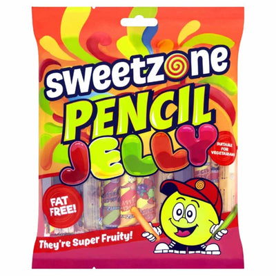 Sweetzone Fruity Pencil Jelly 260g features colorful packaging with "Fat Free!" and "Suitable for Vegetarians," plus a cartoon character holding a jelly pencil, highlighting the chewy, tangy sweets inside.