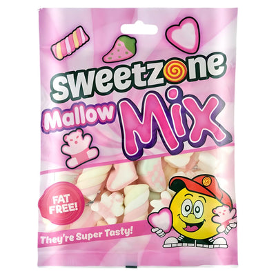 A 140g bag of Sweet zone - Mallow Mix (Halal) features a pink design, cartoon character, and "Fat Free! They're Super Tasty!" text on the packaging.