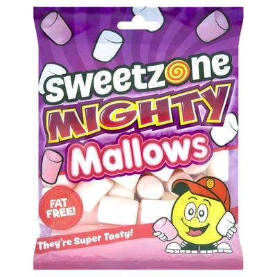 Enjoy Sweet zone - Mighty Mallows (Halal) 140g, delicious pink and white marshmallows in a bright purple and pink bag with a cartoon character. The packaging highlights "Fat Free!" and "They're Super Tasty!"—perfect Halal treats!.