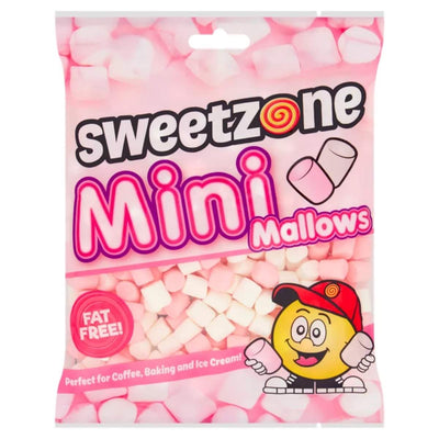 Sweetzone Mini Marshmallows, 140g, offer soft and fluffy pink and white marshmallows labeled as fat-free, perfect for coffee, baking, or topping ice cream.
