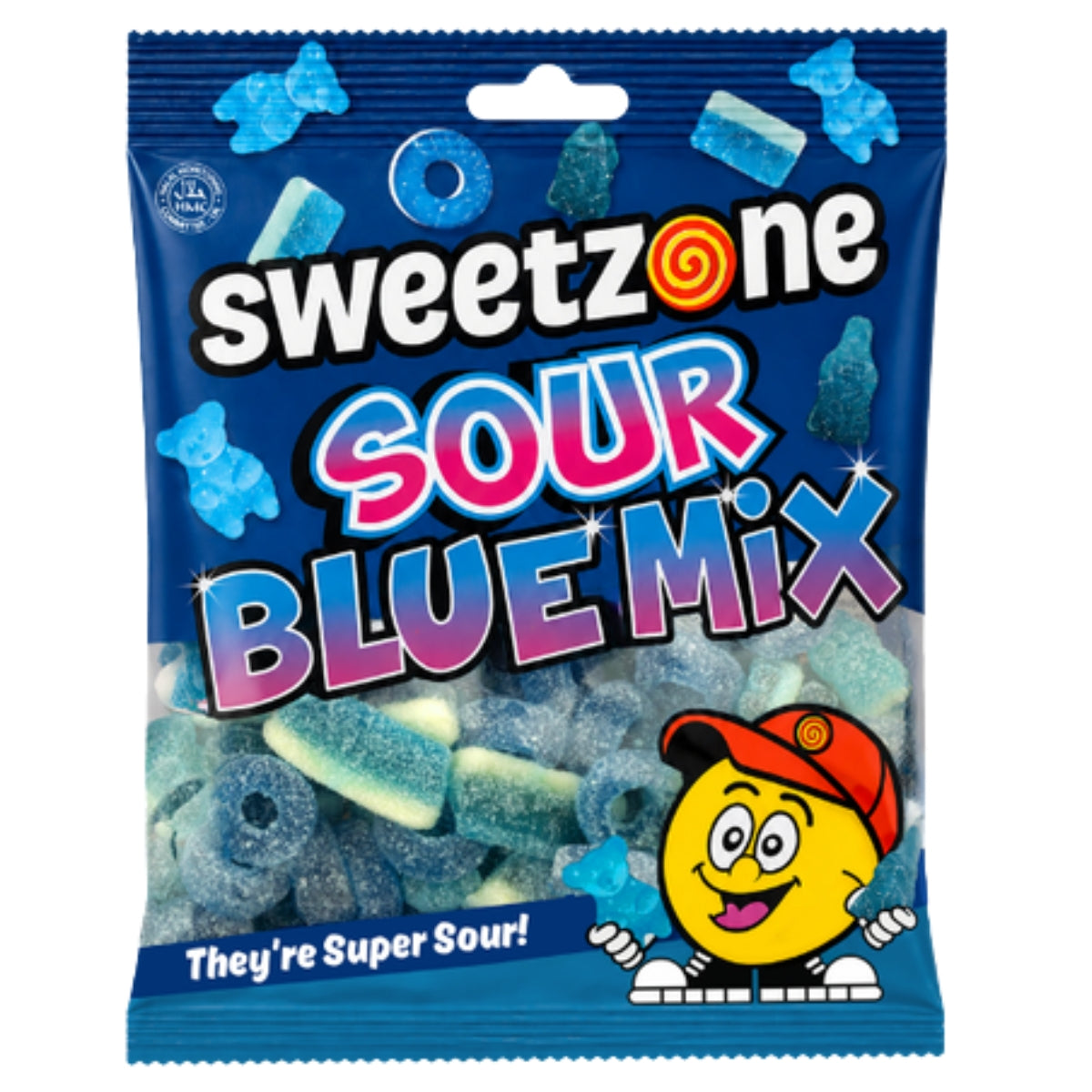 A 90g bag of Sweetzone Sour Blue Mix Gummies, featuring blue-colored candies and a cartoon mascot on the packaging.