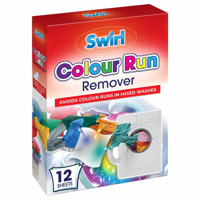 Swirl - Colour Run Remover Sheets (12 sheets) help prevent colour run in mixed washes. The box features colorful clothes in a washing machine on the front.