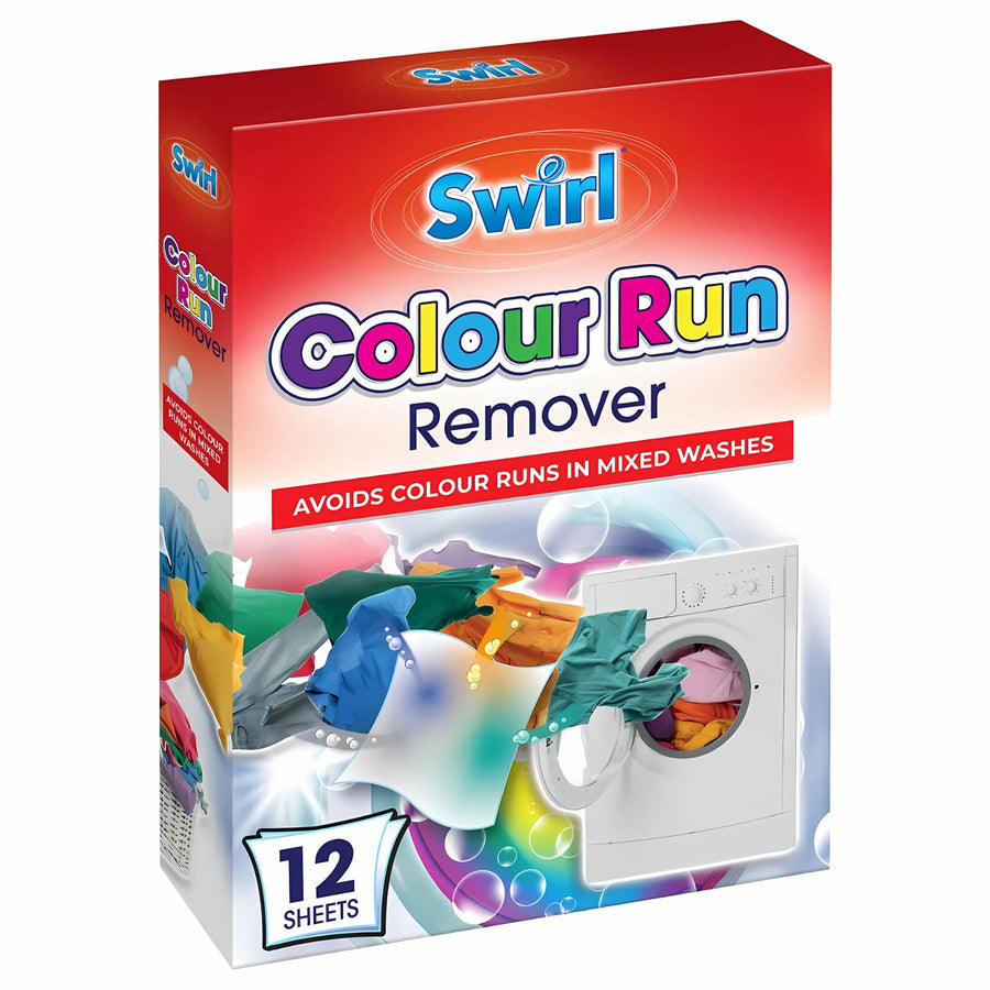 Swirl - Colour Run Remover Sheets (12 sheets) help prevent colour run in mixed washes. The box features colorful clothes in a washing machine on the front.