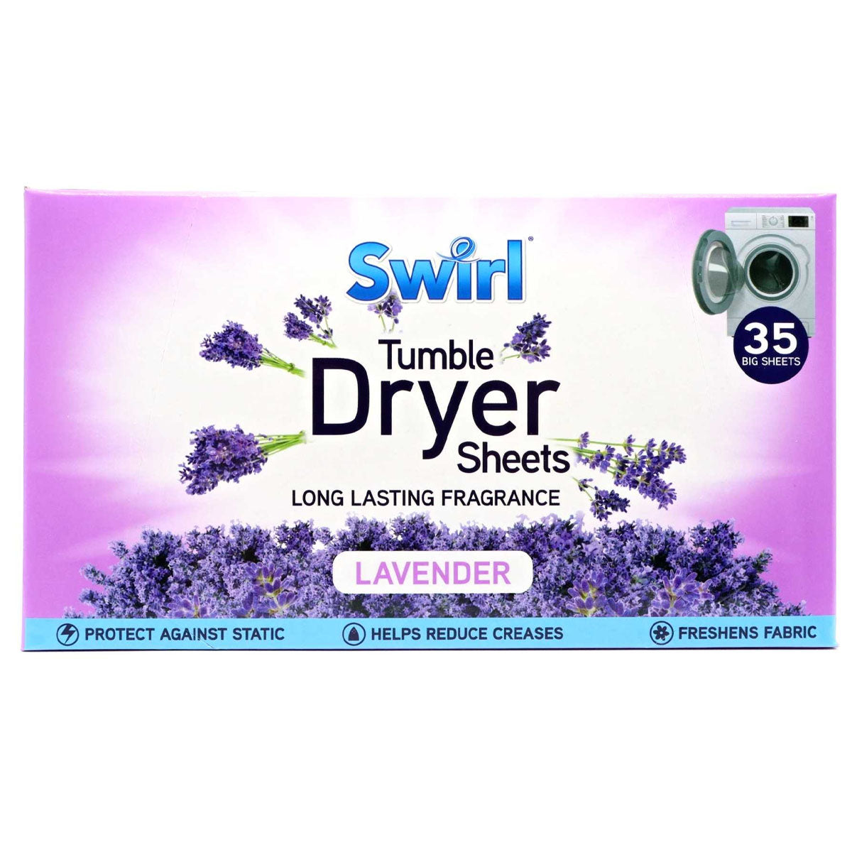 Discover the refreshing Swirl Lavender Scented Tumble Dryer Sheets (35pcs), offering calming lavender aromas, effective static reduction, and crease prevention—illustrated with images of lavender and a washing machine for ensured laundry freshness.