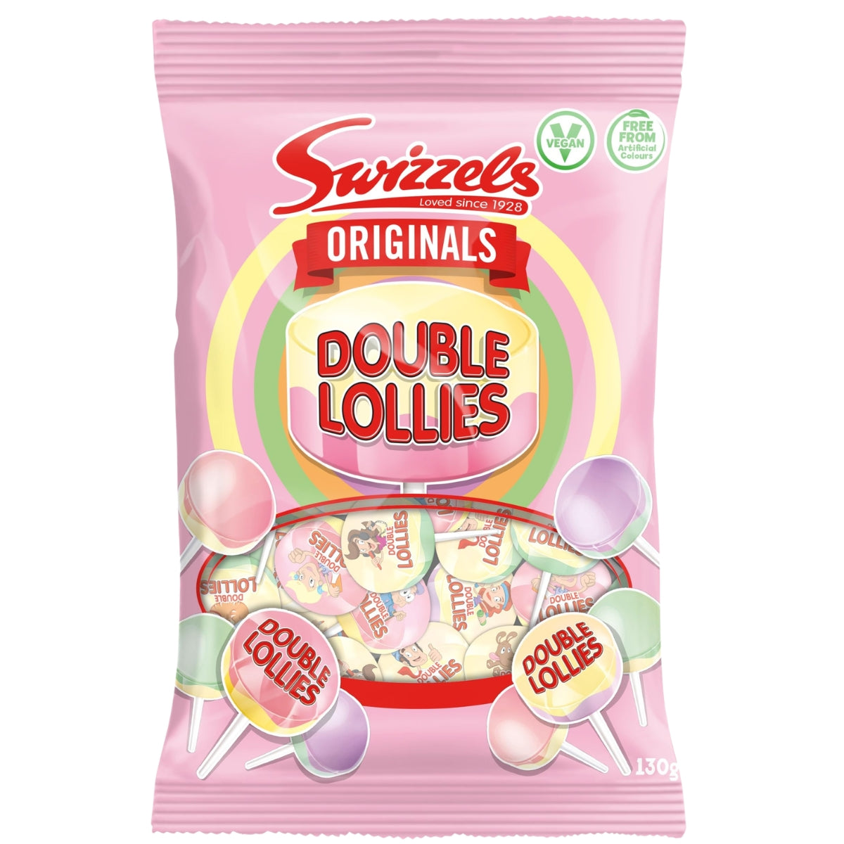 A pink bag of Swizzels Double Lollies Originals candy, featuring illustrations of round lollipops and a clear window showing the lollipops inside.