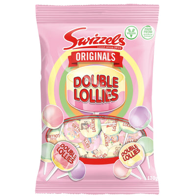 A pink bag of Swizzels Double Lollies Originals candy, featuring illustrations of round lollipops and a clear window showing the lollipops inside.