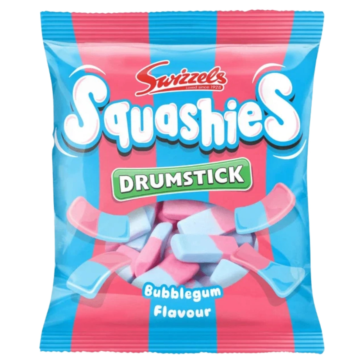 A 120g bag of Swizzels - Squashies Bubblegum Flavour Drumsticks, featuring pink and blue bubblegum flavour chews visible through the packaging—ideal for fans of classic Swizzels treats with a playful twist.
