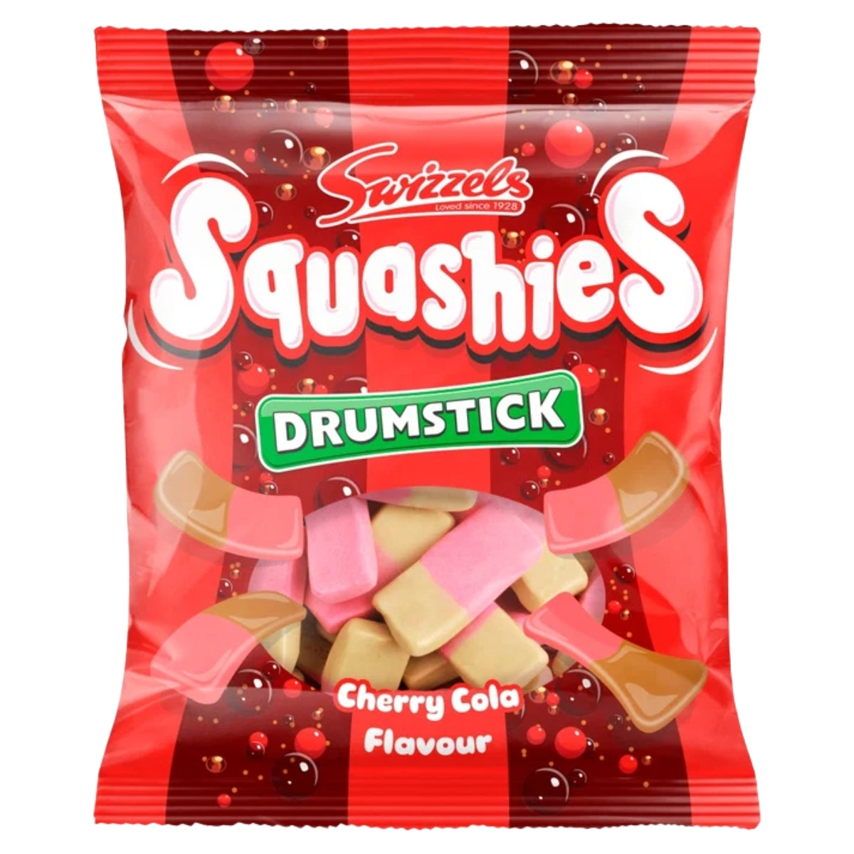 A 120g red packet of Swizzels - Squashies Drumstick Cherry Cola Flavour, featuring pink and brown chewy sweets on the front—a delicious, modern take on classic British candy from Swizzels.