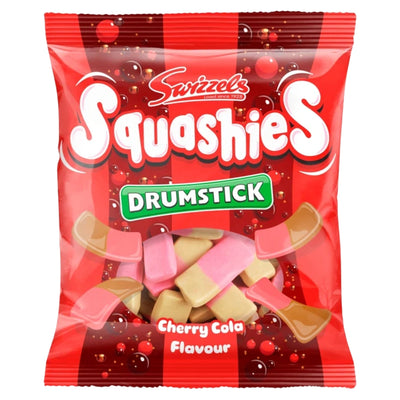 A 120g red packet of Swizzels - Squashies Drumstick Cherry Cola Flavour, featuring pink and brown chewy sweets on the front—a delicious, modern take on classic British candy from Swizzels.
