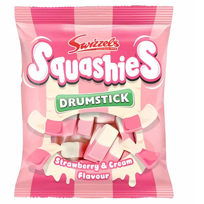 A pink and white bag of Swizzels - Squashies Drumstick Strawberry & Cream Flavour (120g), featuring images of candy on the packaging.