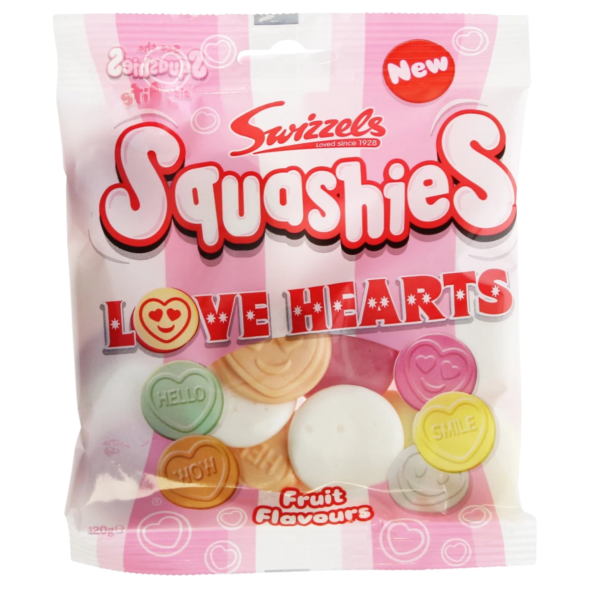 A 120g bag of Swizzels - Squashies Love Hearts fruit flavour candy by Swizzels, featuring colorful, round sweets with messages like “Hello,” “Smile,” and “Hug.”.