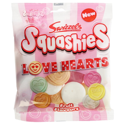 A 120g bag of Swizzels - Squashies Love Hearts fruit flavour candy by Swizzels, featuring colorful, round sweets with messages like “Hello,” “Smile,” and “Hug.”.