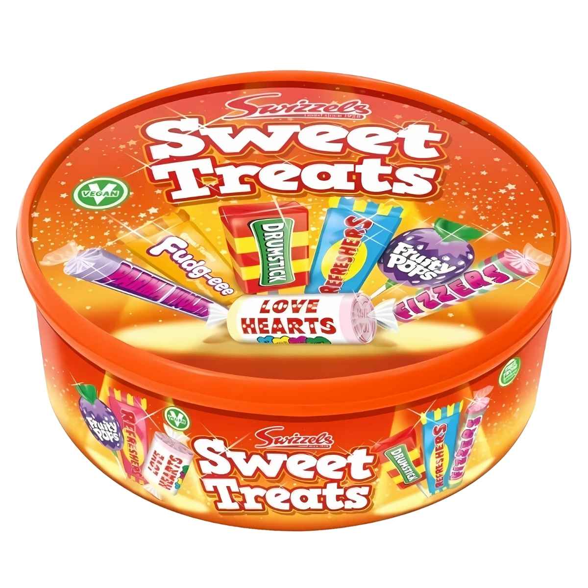 The "Swizzels - Sweet Treats Box (Vegan) - 600g" is a round tin full of delicious candies, perfect for satisfying your sweet tooth with favorites like Drumstick, Refreshers, and Love Hearts.