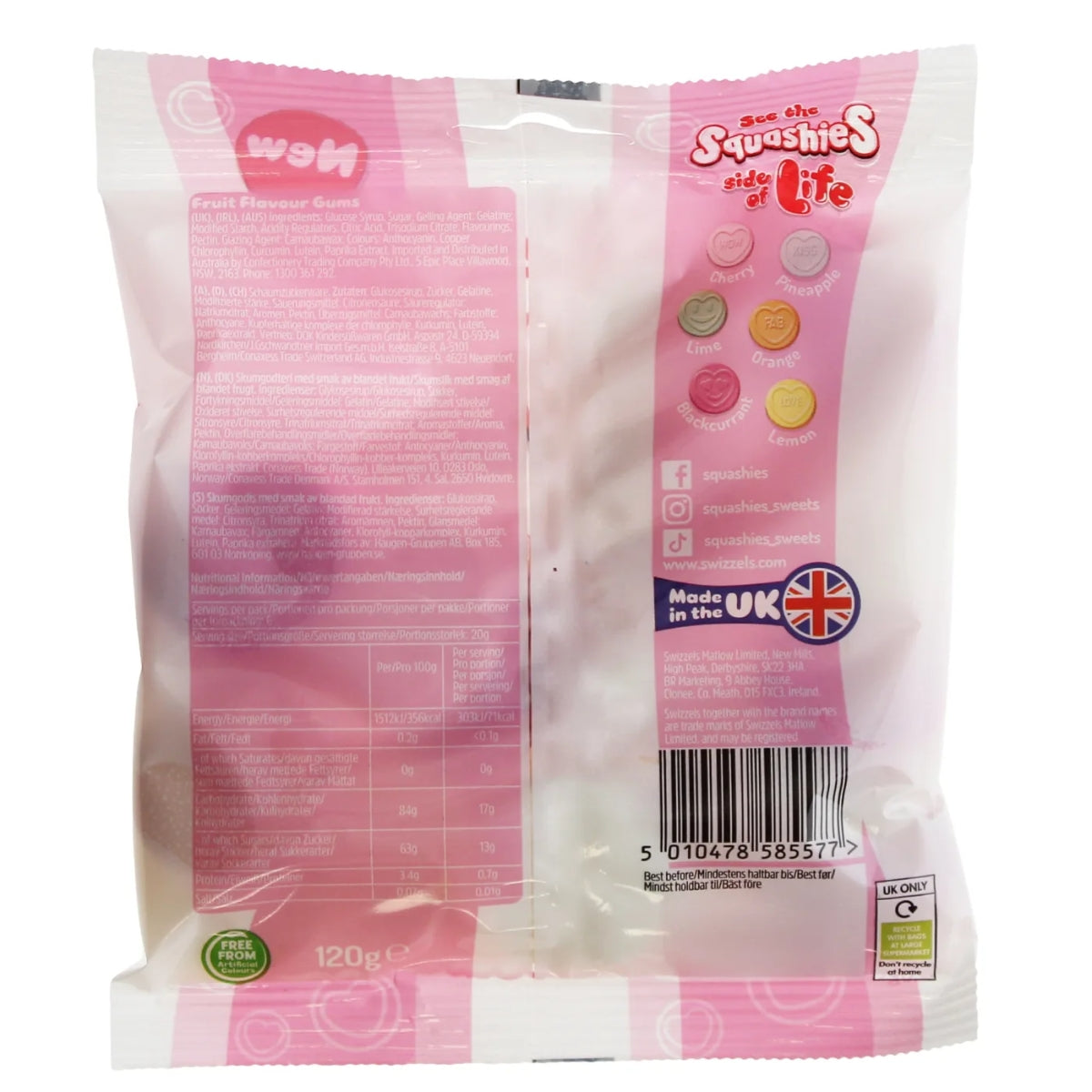 A 120g bag of Welsh 'See the Squashies side of life', showing the back of the pink and white plastic packaging with text, nutritional information, and a barcode.