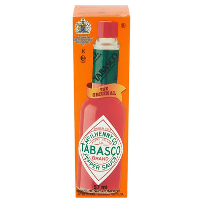 A box of Tabasco - Original Red Pepper Hot Sauce - 57ml by Tabasco, showing the bottle image and the phrases "The Original" and "57 ml" on the front.
