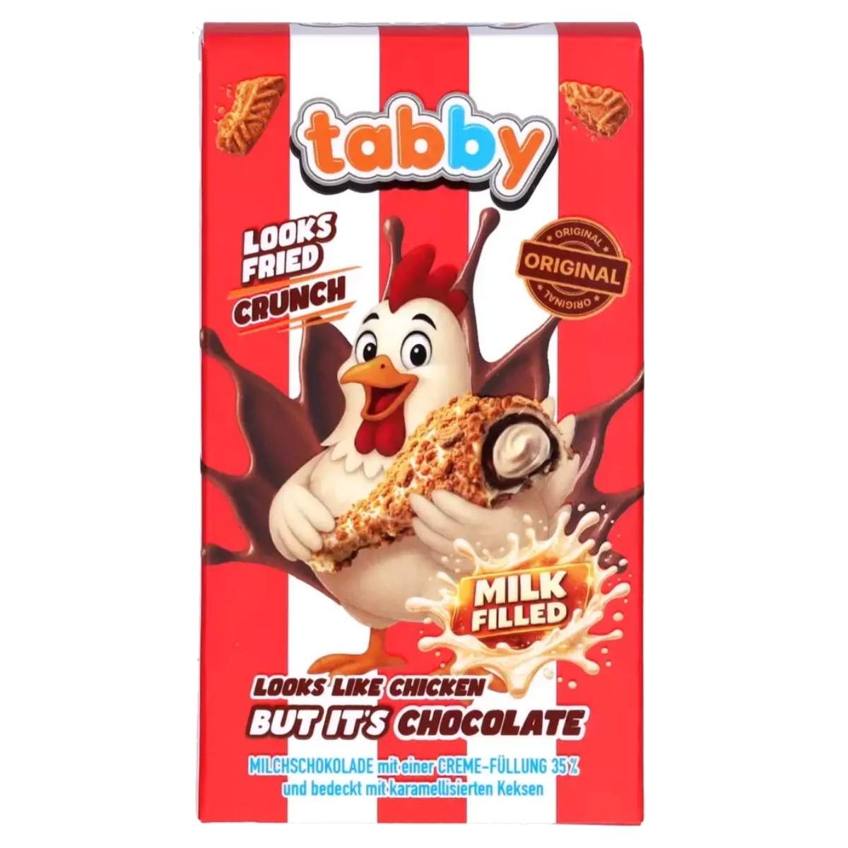 Tabby - Caramelised Crumble Chocolate (1Pcs) by Tabby: Chocolate shaped like fried chicken with a cartoon chicken mascot. "Milk filled" and "looks like chicken but it's chocolate" on red and white stripes.