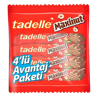 A red Tadelle package with four Maxinut Milk Chocolate Coated Bars with Hazelnut (120g); text reads “4’lü Avantaj Paketi” and “Maxinut”—a tasty, nutty snack.