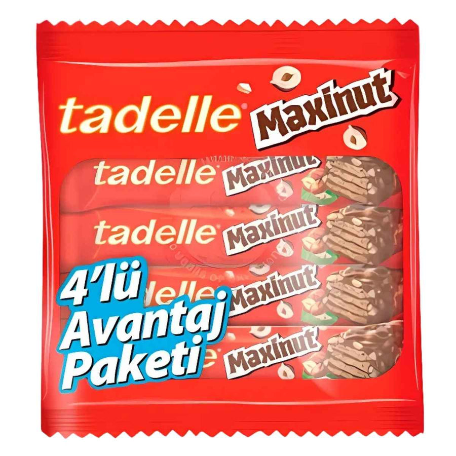 A red Tadelle package with four Maxinut Milk Chocolate Coated Bars with Hazelnut (120g); text reads “4’lü Avantaj Paketi” and “Maxinut”—a tasty, nutty snack.