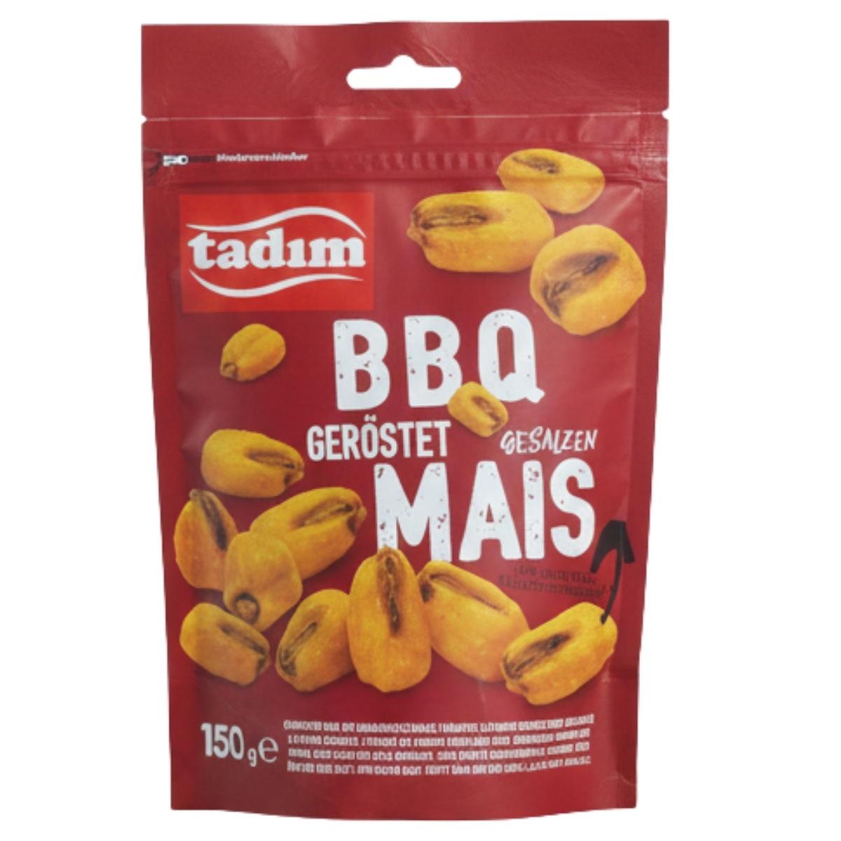 A 150g red pack of tadim Barbecue Flavoured Roasted Corn, showing barbecue roasted corn kernels and the product name on the front.