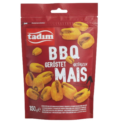 A 150g red pack of tadim Barbecue Flavoured Roasted Corn, showing barbecue roasted corn kernels and the product name on the front.
