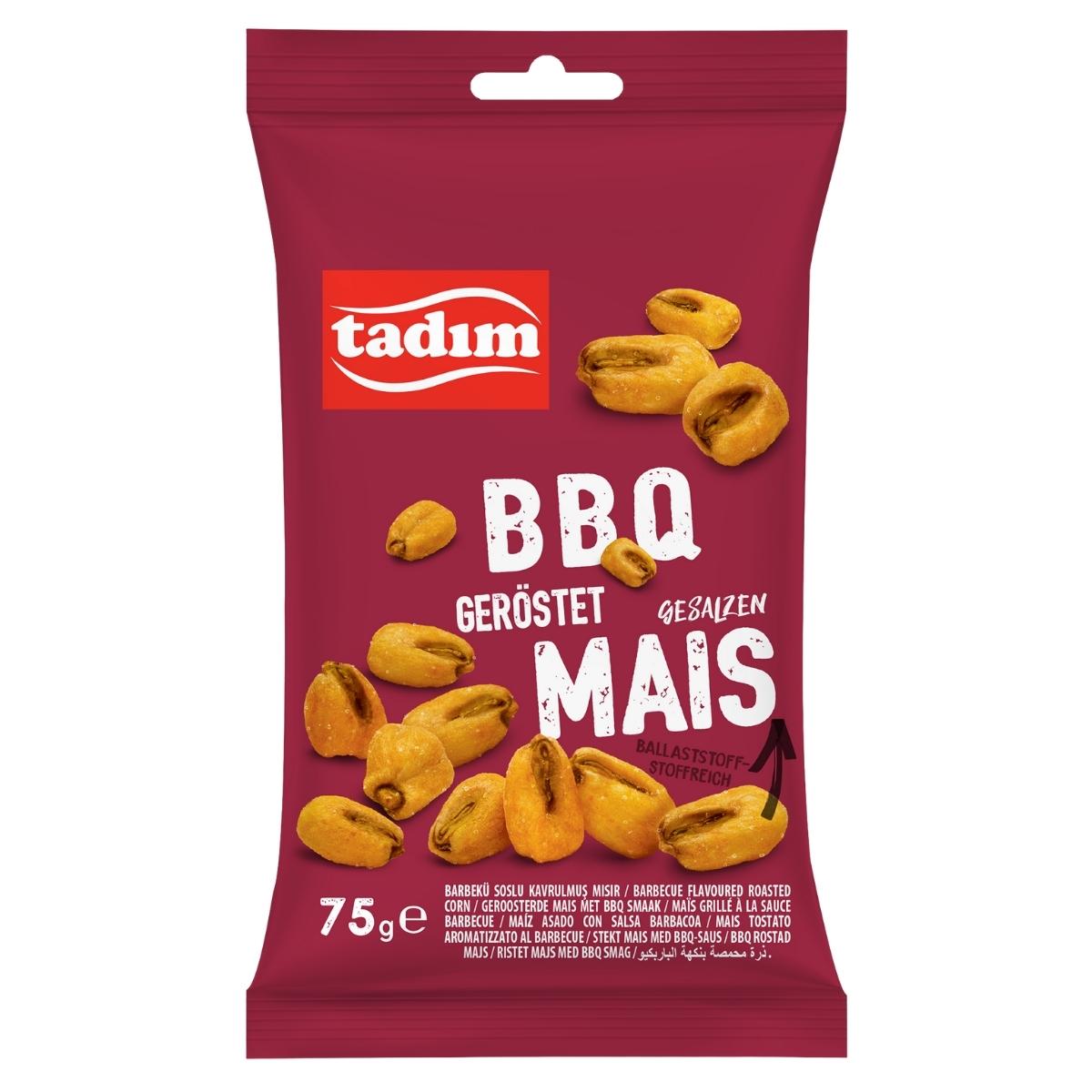 A 75g bag of tadim Barbecue Flavoured Roasted Corn, showing smoky corn snack images and product details in German and Turkish on the front.
